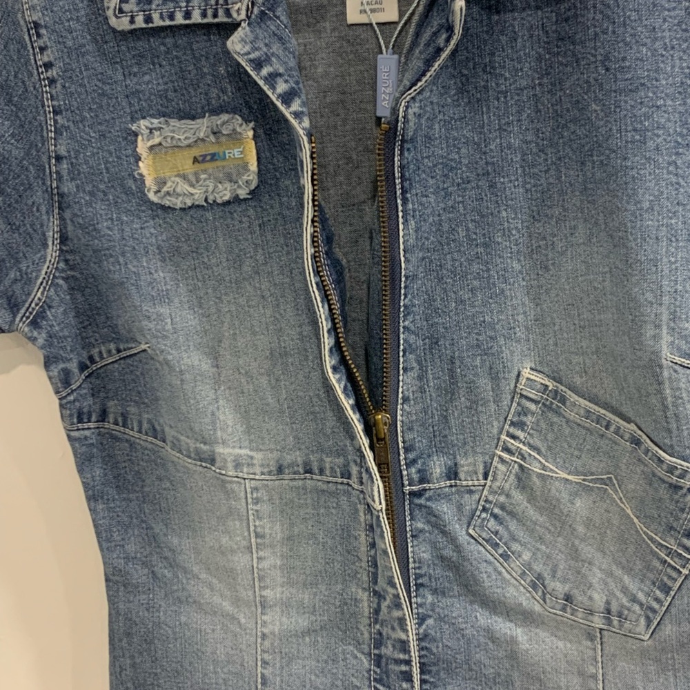 Azzure Denim Jumpsuit Shorts with Frayed Patch Accent - Picture 12 of 14